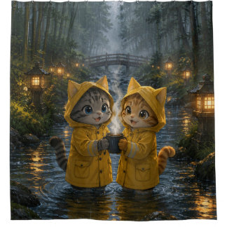 Gemütliche Regentag-Katzen in gelben Regenmänteln Duschvorhang
