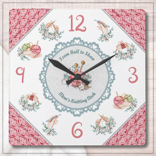 Gemütliche rosa Strick- und Häkelschmuckuhr für da Quadratische Wanduhr