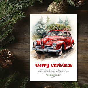 Gemütliche rustikale Weihnachtsrot-Auto-Wasserfarb Feiertagskarte