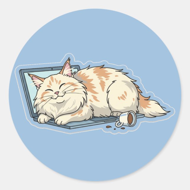 Gemütliche schlafende Katze auf Laptop | Lustiger  Runder Aufkleber (Vorderseite)