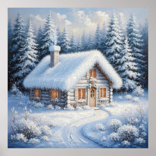 Gemütliche schneebedeckte Hütte in einem malerisch Poster