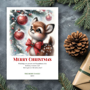Gemütliche Schneewald-Rehkitz-Aquarell-Weihnachtsk Feiertagskarte