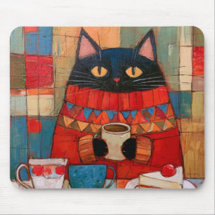Gemütliche schwarze Katze trinkt Kaffee im Café Mousepad