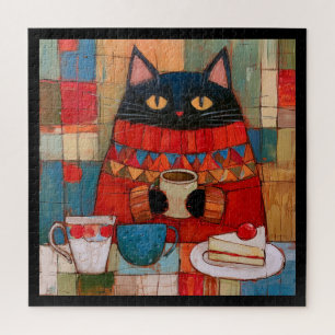 Gemütliche schwarze Katze trinkt Kaffee im Café Puzzle