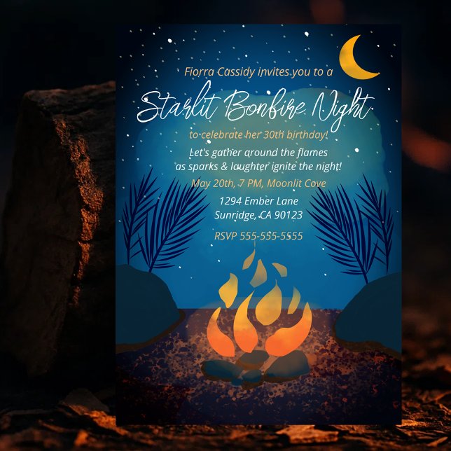 Gemütliche Starlit Bonfire Geburtstagsparty Einlad Einladung (Cozy Starlit Bonfire Birthday Party Invitation
)
