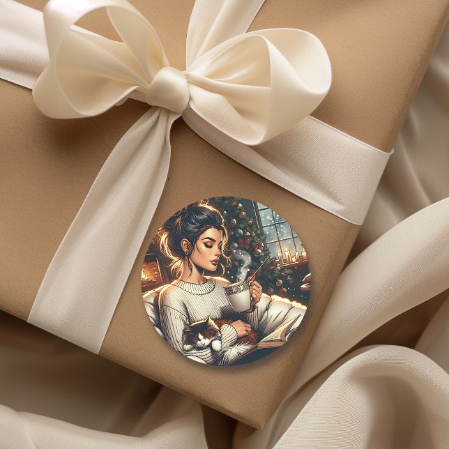 Gemütliche Szene | Frauen trinken Kakao mit Katze Runder Aufkleber (Von Creator hochgeladen)