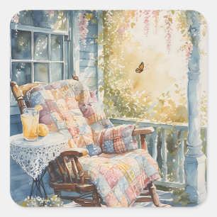 Gemütliche Veranda mit Quilt und Zitronenlimonade Quadratischer Aufkleber