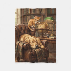 Gemütliche Vintage-Bibliothek Hund und Katze Arbei Fleecedecke