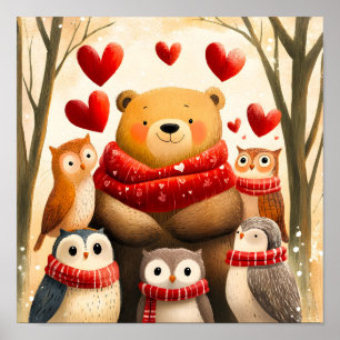 Gemütliche Wald-Bär-Eule-Familie Winterliebe Poster