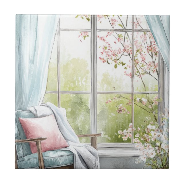 Gemütliche Wasserfarben-Leseecke-Fenster Frühlings Fliese (Vorderseite)
