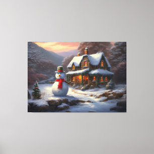 Gemütliche Weihnachts-Hütte & Snowman Vintager W Leinwanddruck