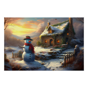 Gemütliche Weihnachts-Hütte & Snowman Vintager W Poster