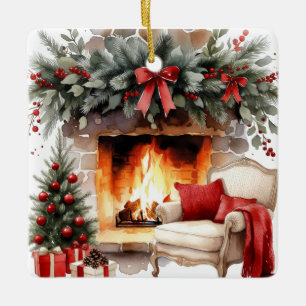 Gemütliche Weihnachts-Kamin-Wasserfarben-Szene Keramikornament