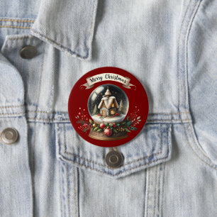 Gemütliche Weihnachts-Schneekugel-Hüttenszene Button