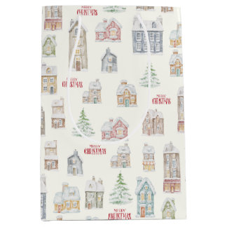 Gemütliche Weihnachts-Winterhäuser Geschenkpapier Mittlere Geschenktüte