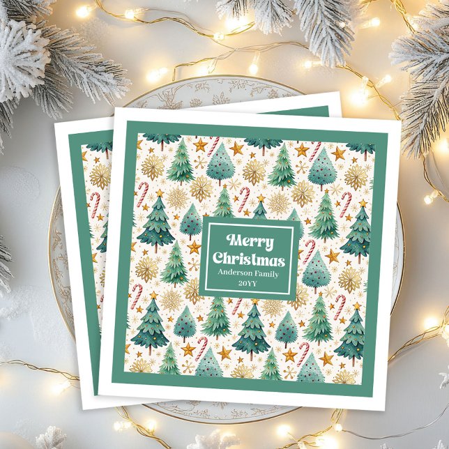 Gemütliche Weihnachtsbäume Rustikale Rot Grün Gold Serviette (Cozy Christmas Trees Rustic Red Green Gold Napkins)