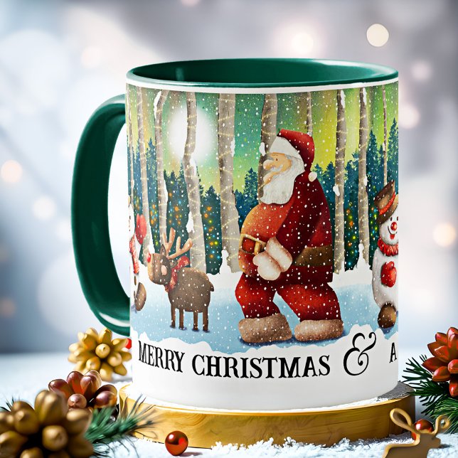 Gemütliche Weihnachtsfeier - Tasse (Christmas mug featuring an illustration of Santa in the forest with friends reindeer and Snow Man)