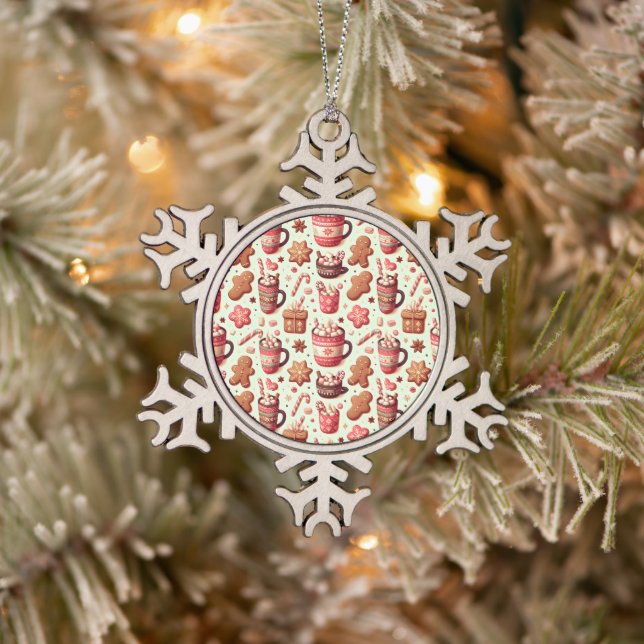 Gemütliche Weihnachtskakao- und Lebkuchenmuster Schneeflocken Zinn-Ornament (Baum)