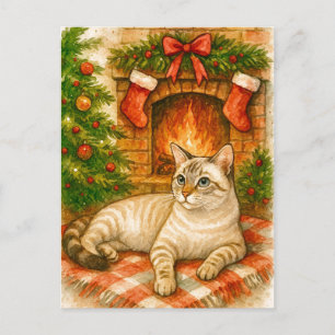 Gemütliche Weihnachtskatze am Kamin Postkarte