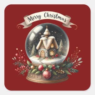 Gemütliche Weihnachtsschneeglobe-Hütte-Szene Quadratischer Aufkleber
