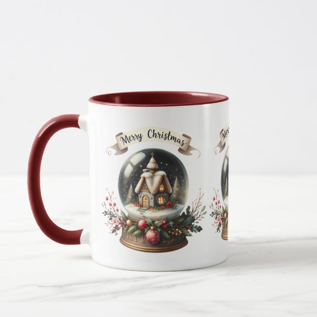 Gemütliche Weihnachtsschneeglobe-Hütte-Szene Tasse (Links)