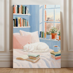 Gemütliche weiße Katze Lesewinkel Kunst Druck Leinwanddruck
