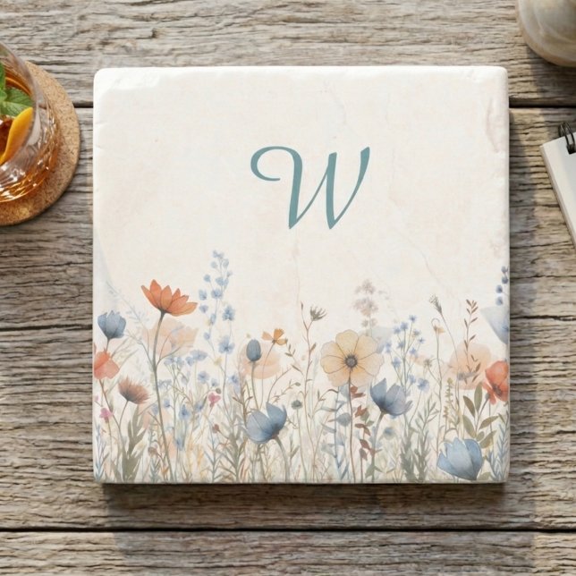 Gemütliche Wildblumenwiese mit Monogramm – Botanis Steinuntersetzer (Wildflower monogram drink coaster)