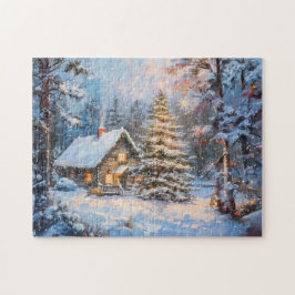 Gemütliche Winter-Hütte mit Weihnachtsbaum Puzzle