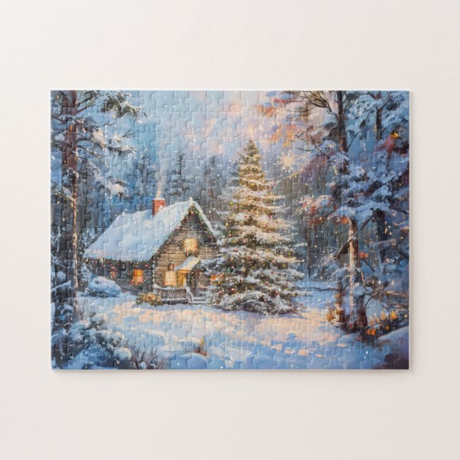 Gemütliche Winter-Hütte mit Weihnachtsbaum Puzzle (Horizontal)