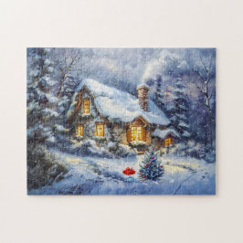 Gemütliche Winter-Hütte mit Weihnachtsbaum Puzzle