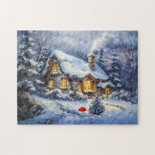 Gemütliche Winter-Hütte mit Weihnachtsbaum Puzzle