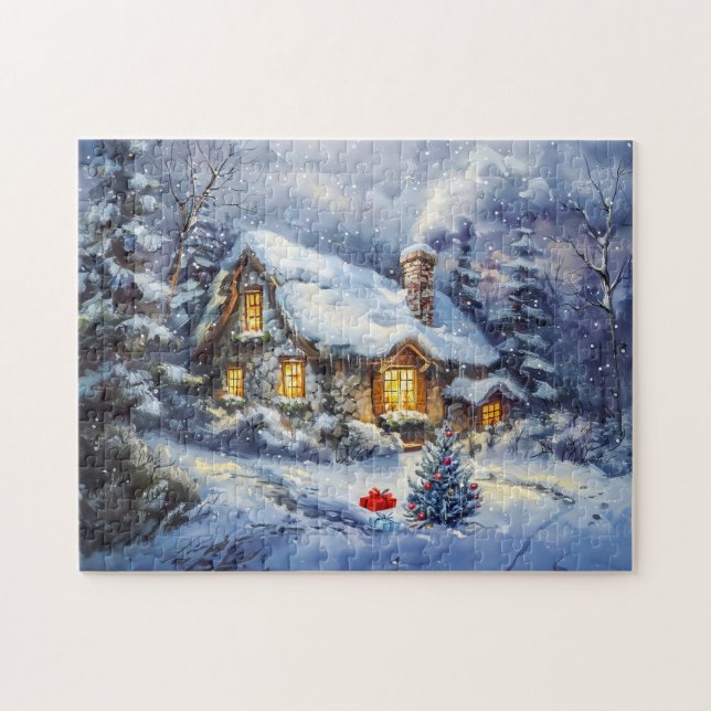 Gemütliche Winter-Hütte mit Weihnachtsbaum Puzzle (Horizontal)