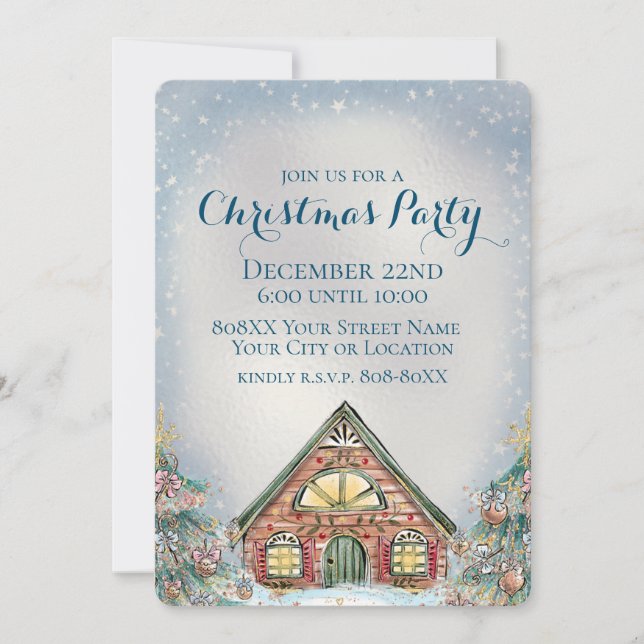 Gemütliche Winter-Hütte und Weihnachtsbäume Einladung (Vorderseite)