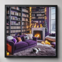 Gemütliche Winterbibliotheks-Wandkunst | Gerahmte