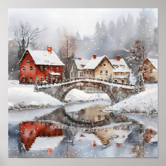 Gemütliche Winterdorf-Brücke Wasserfarben Weihnach Poster