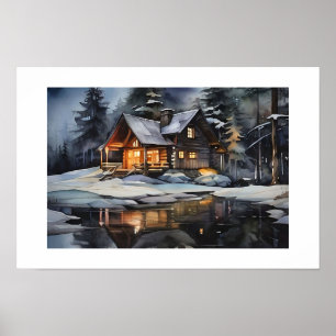 Gemütliche Winterhütte bei Nacht Poster