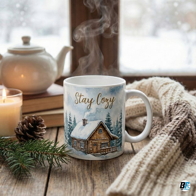 Gemütliche Winterhütte Wasserfarbe Schnee Rustikal Kaffeetasse (Stay Cozy )