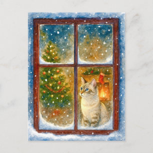 Gemütliche Winterkatze am Weihnachtsfenster-Weihna Feiertagspostkarte