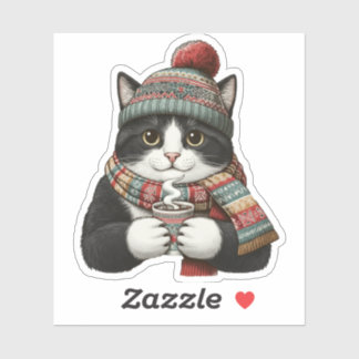 Gemütliche Winterkatze Kakao Aufkleber