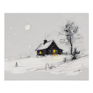Gemütliche Winterlandschaft mit Schneemann und Cot Poster