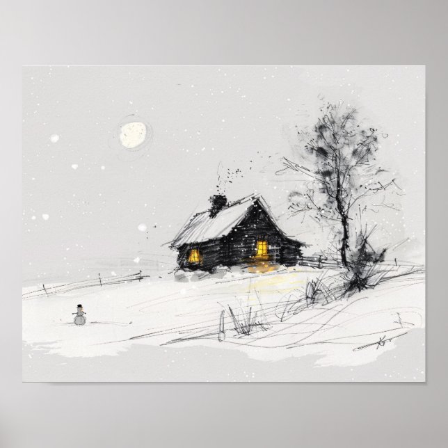 Gemütliche Winterlandschaft mit Schneemann und Cot Poster (Vorne)