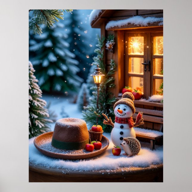 Gemütliche Winterlandschaft mit Schneemann und Ige Poster (Vorne)