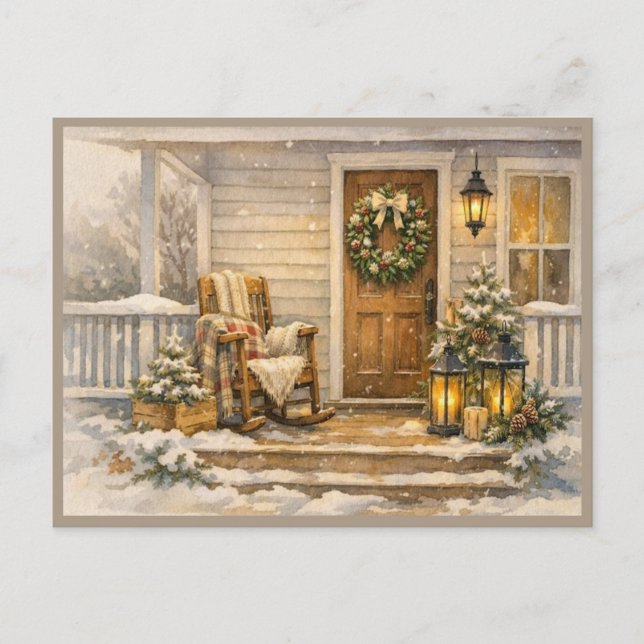 Gemütliche Winterveranda-Aquarell-Kunst Postkarte (Vorderseite)