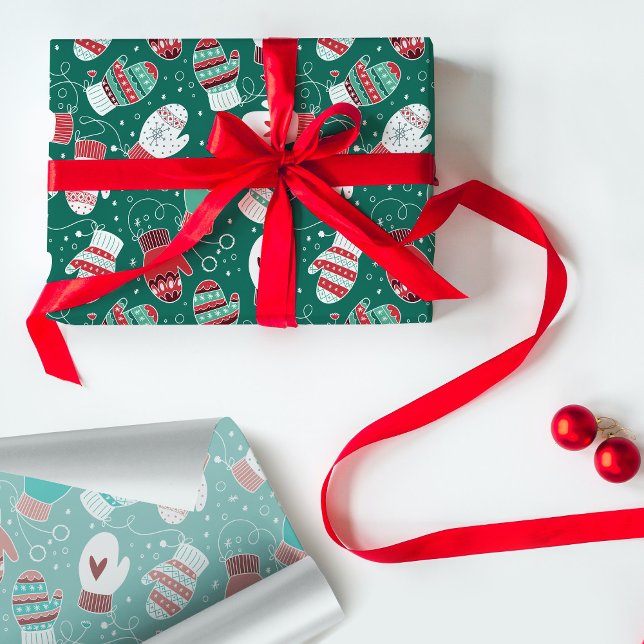 Gemütliche Winterweihnachtszittern im Grünen Geschenkpapier (Green Mittens Pattern Wrapping Paper)