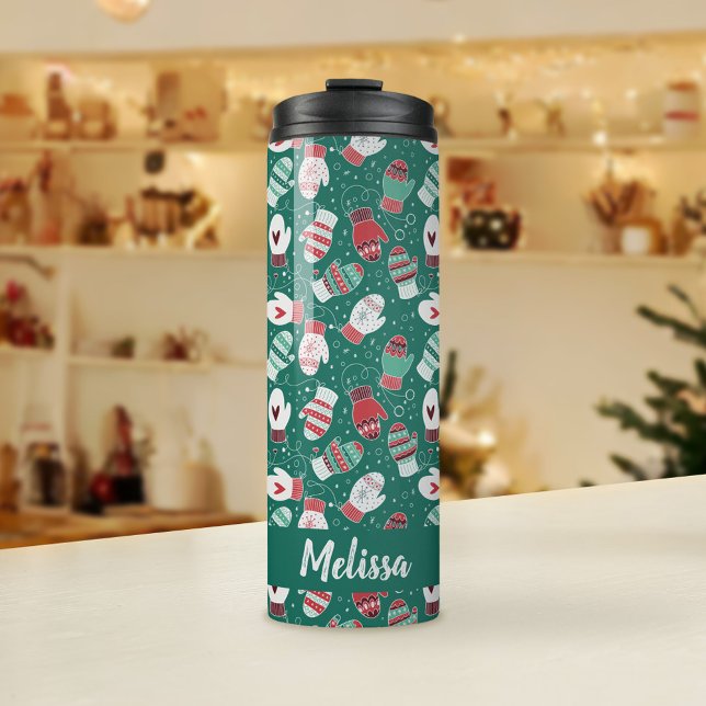 Gemütliche Winterweihnachtszittern im Grünen Thermosbecher (Green Winter Mittens Pattern Thermal Tumbler)