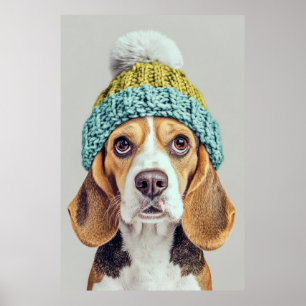 Gemütlicher Beagle in einem Winterhut aus Strick Poster