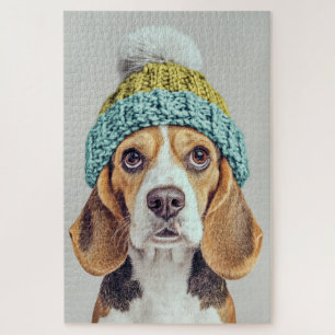 Gemütlicher Beagle in einem Winterhut aus Strick Puzzle