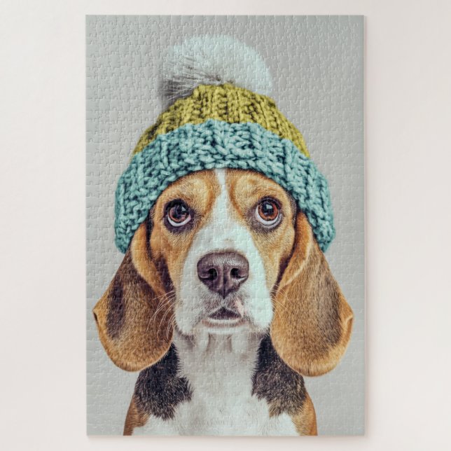 Gemütlicher Beagle in einem Winterhut aus Strick Puzzle (Vertikal)