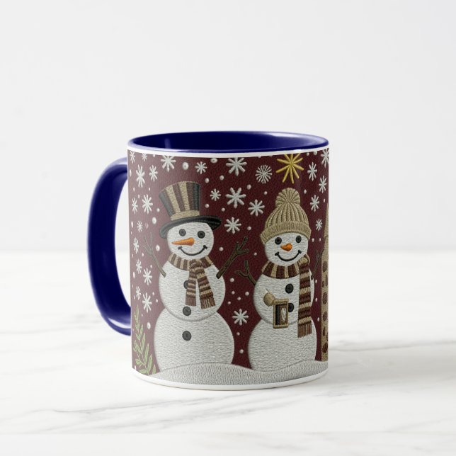 Gemütlicher bestickter Schneemann-Winterbecher Tasse (Vorderseite Links)