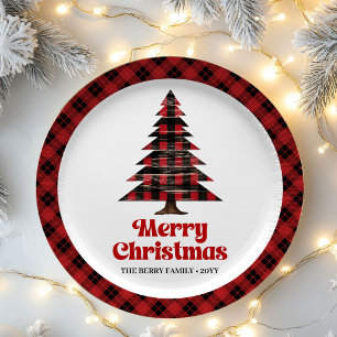 Gemütlicher Buffalo-Karo-Christbaum-Name-Papiertel Pappteller